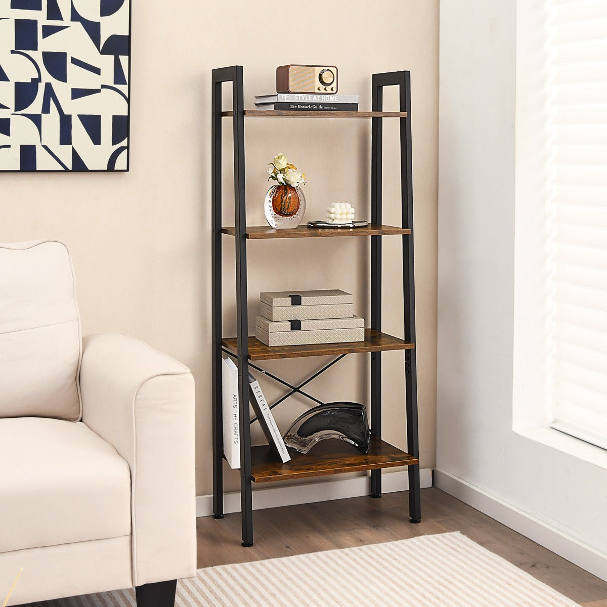 4-Tier Industrial Display Shelf with Metal Frame for Home/Office-Coffee