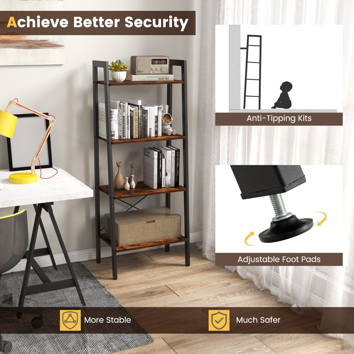 4-Tier Industrial Display Shelf with Metal Frame for Home/Office-Coffee