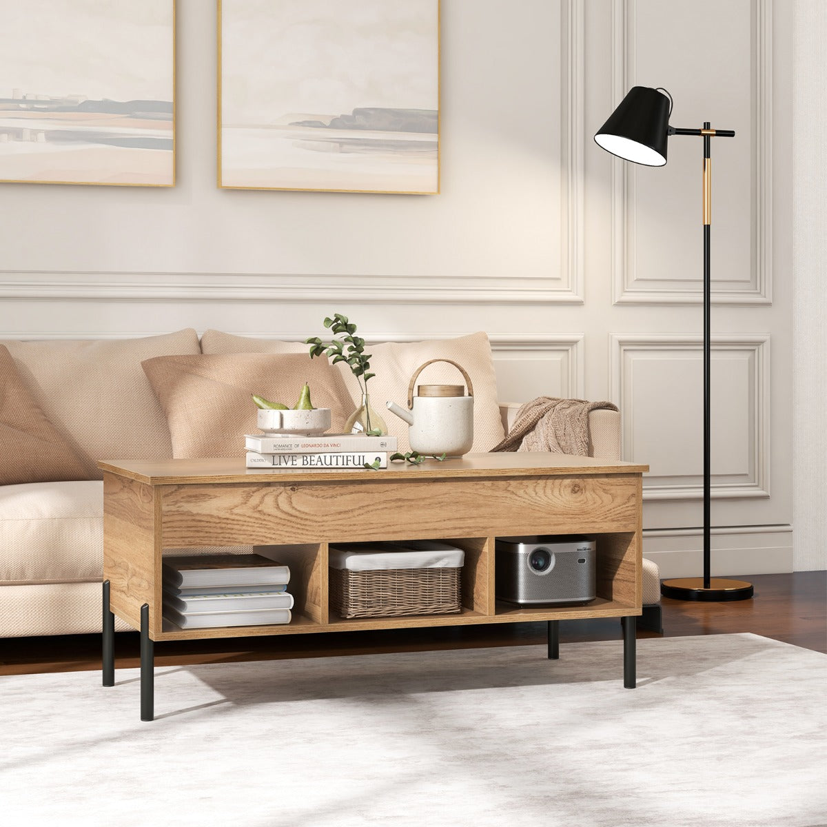Lift Top Coffee Table with Hidden Compartment & 3 Open Cubbies