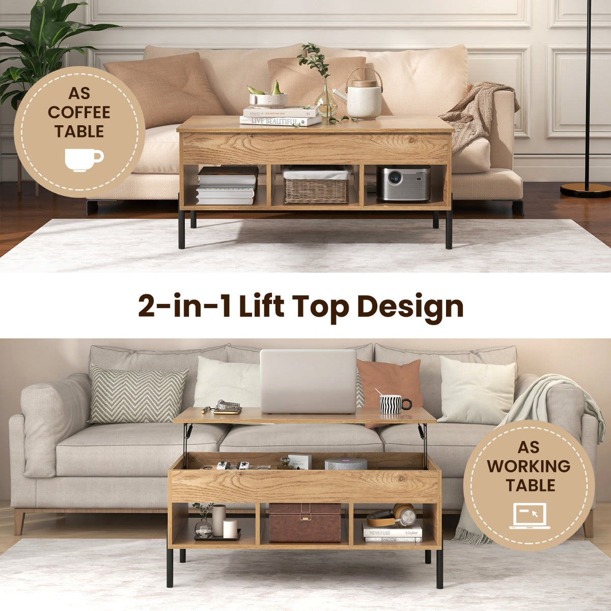 Lift Top Coffee Table with Hidden Compartment & 3 Open Cubbies