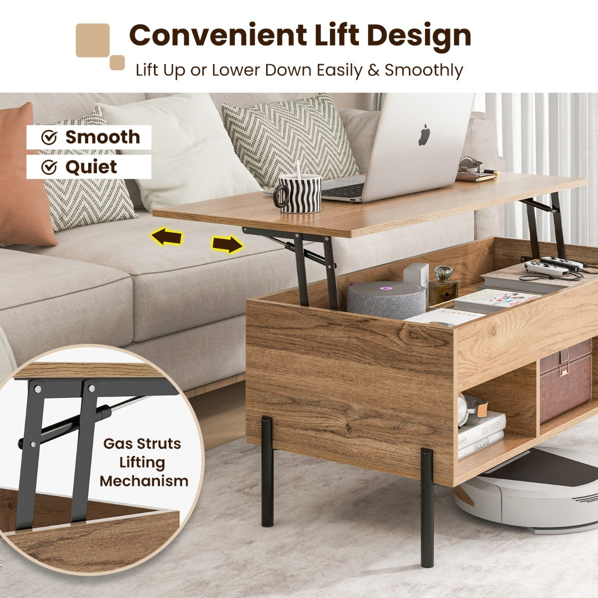Lift Top Coffee Table with Hidden Compartment & 3 Open Cubbies