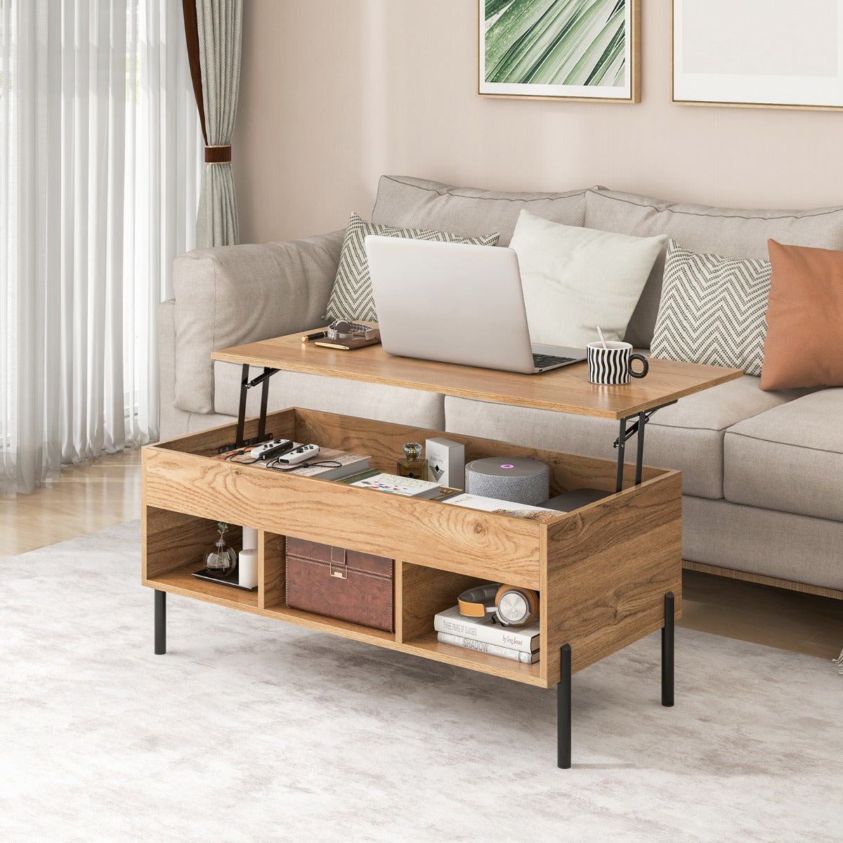 Lift Top Coffee Table with Hidden Compartment & 3 Open Cubbies