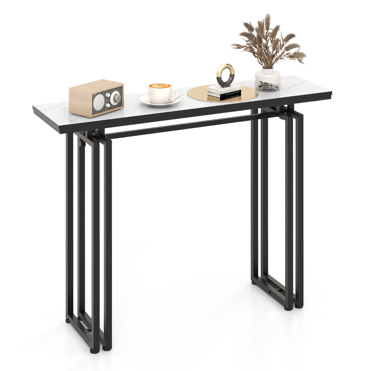 110cm Faux Marble Console Table with Sturdy Metal Legs-Black