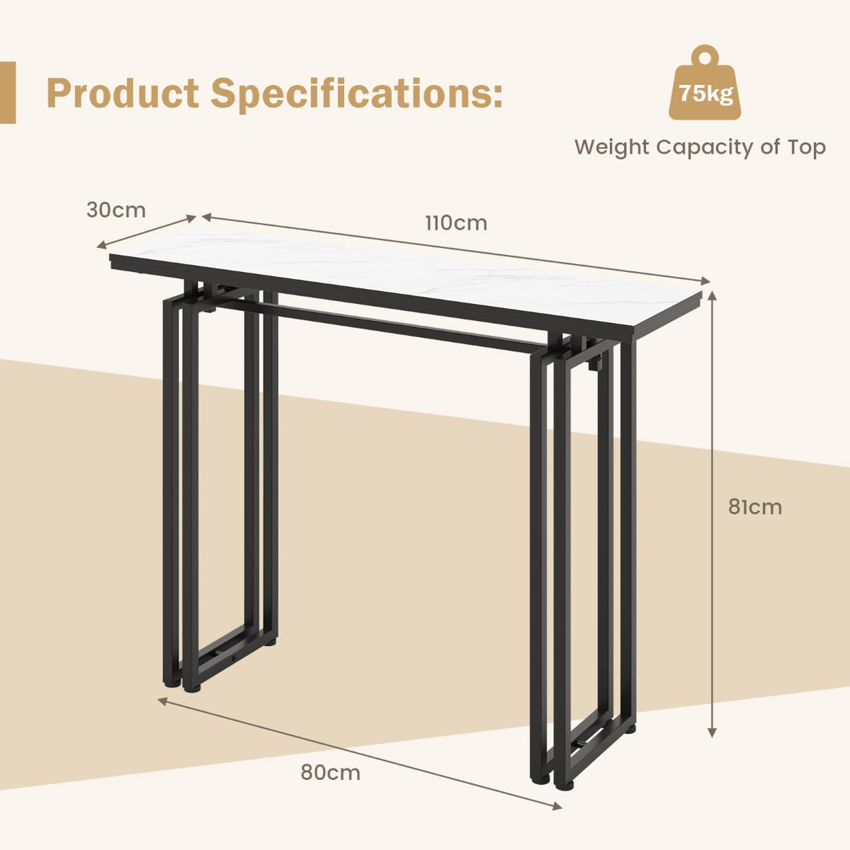 110cm Faux Marble Console Table with Sturdy Metal Legs-Black