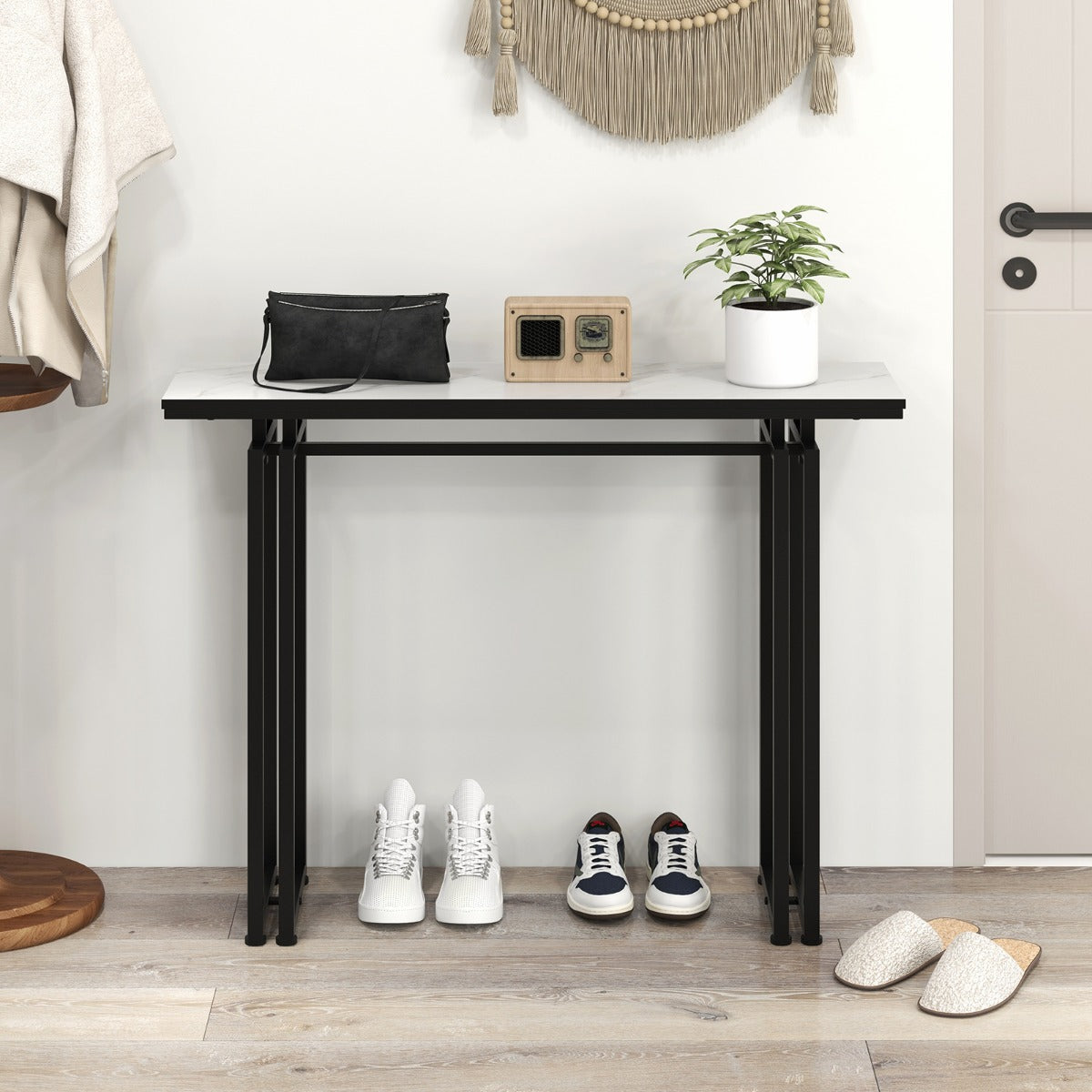 110cm Faux Marble Console Table with Sturdy Metal Legs-Black