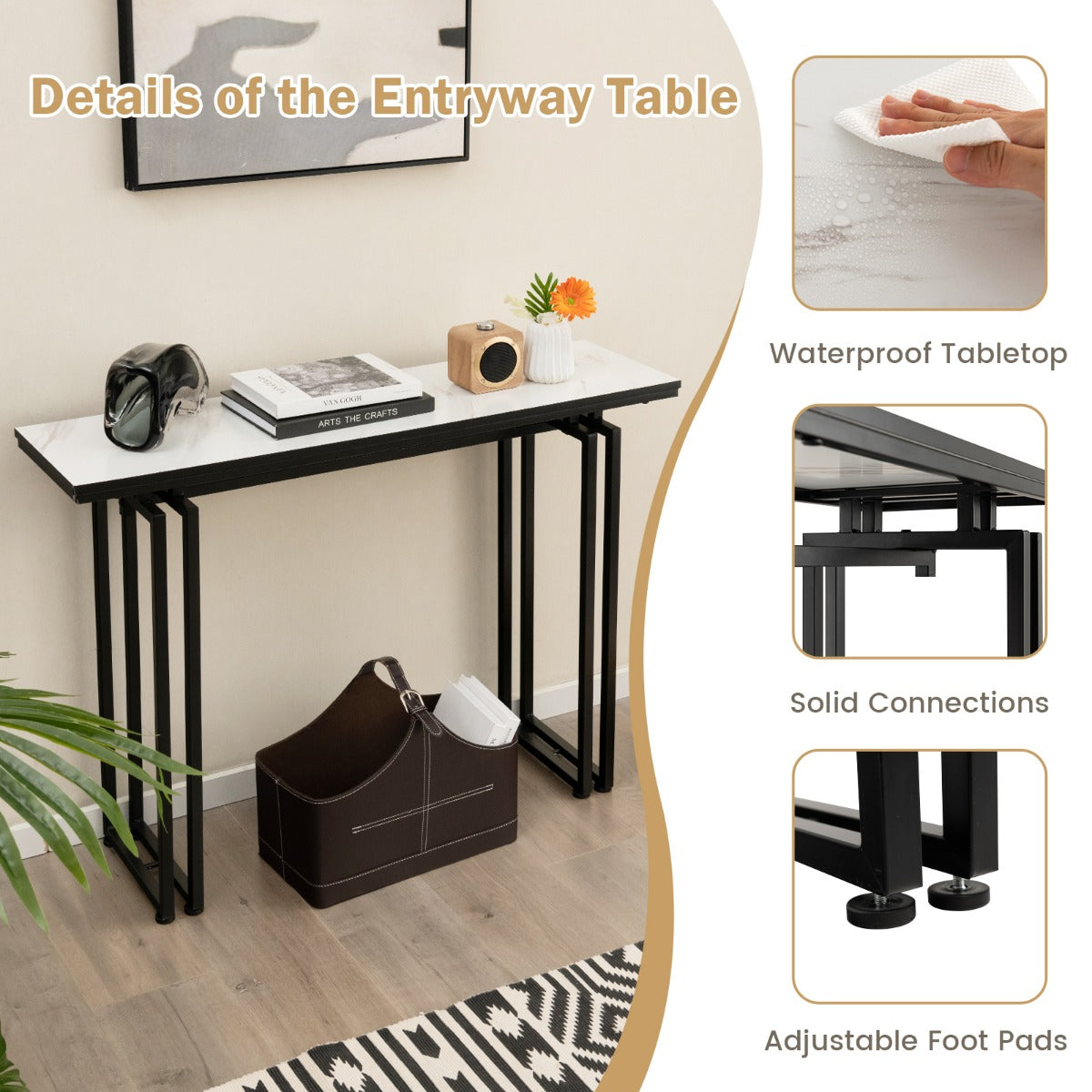 110cm Faux Marble Console Table with Sturdy Metal Legs-Black