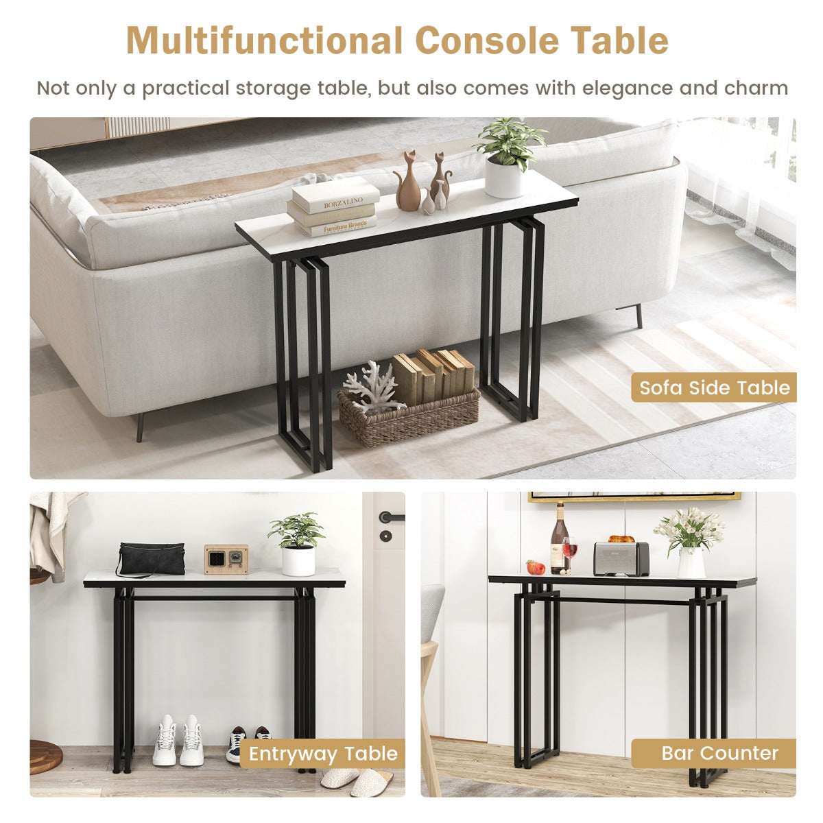 110cm Faux Marble Console Table with Sturdy Metal Legs-Black