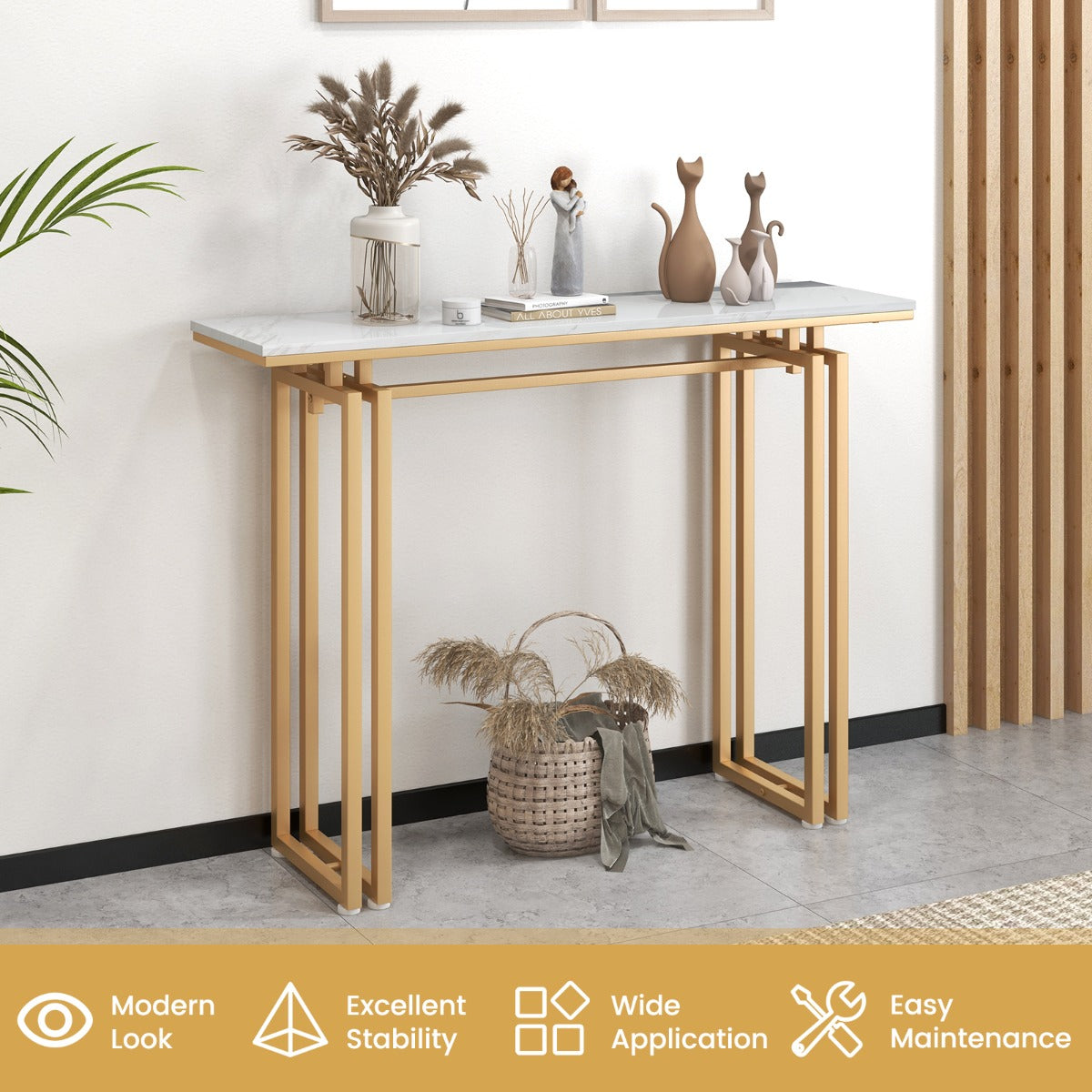 110cm Faux Marble Console Table with Sturdy Metal Legs-Golden