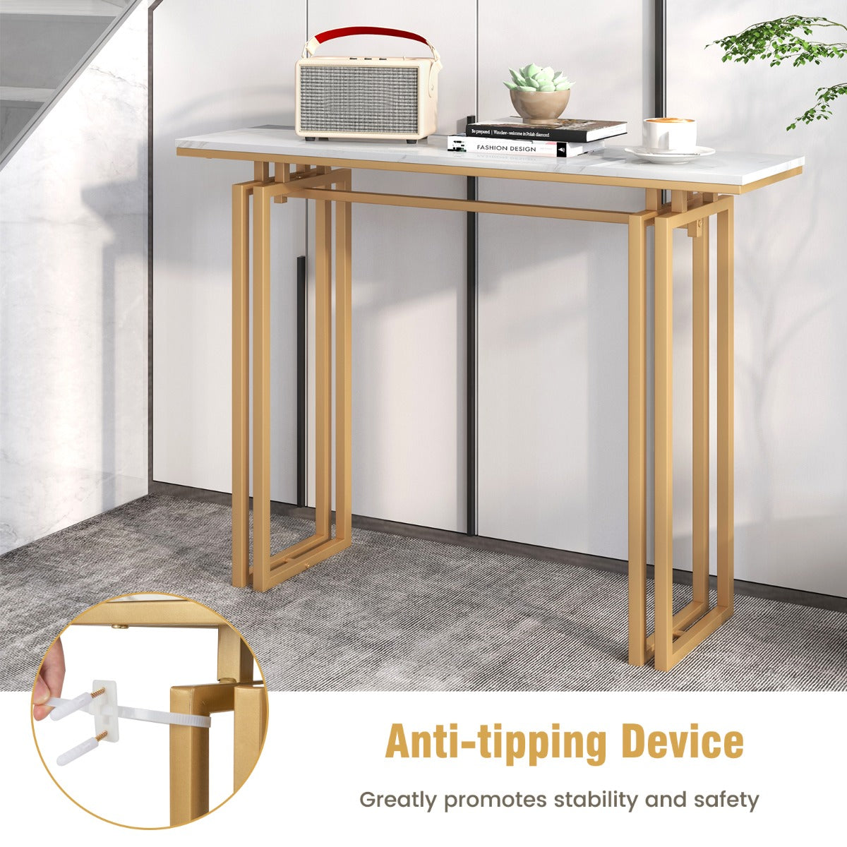 110cm Faux Marble Console Table with Sturdy Metal Legs-Golden