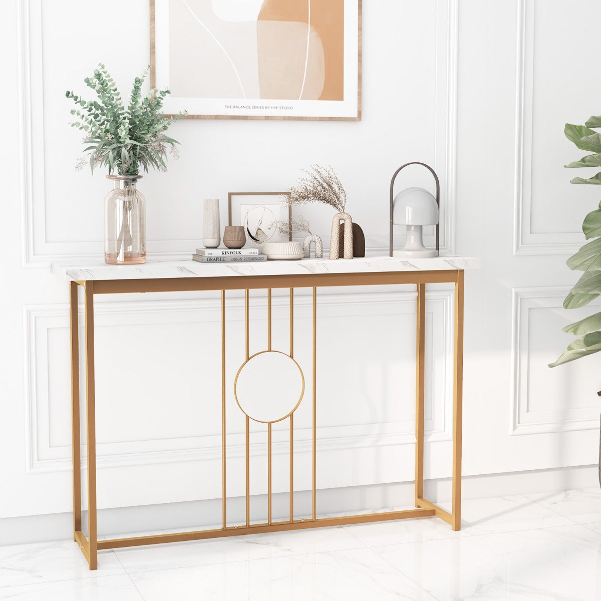 Faux Marble Top Console Table with Gold Finished Frame for Living Room