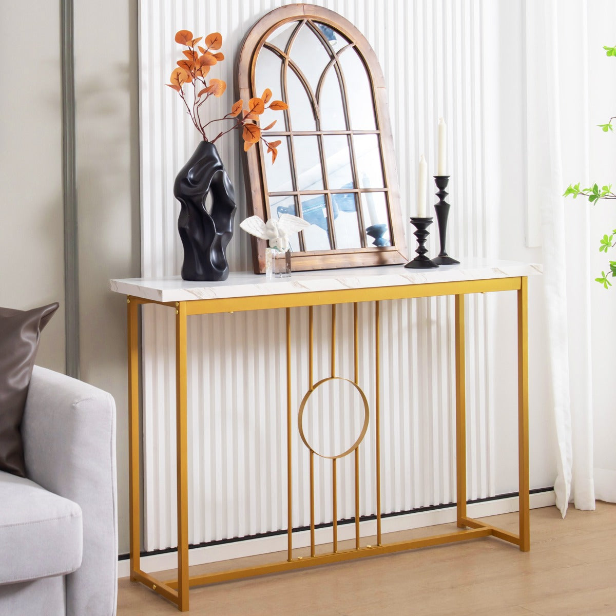 Faux Marble Top Console Table with Gold Finished Frame for Living Room