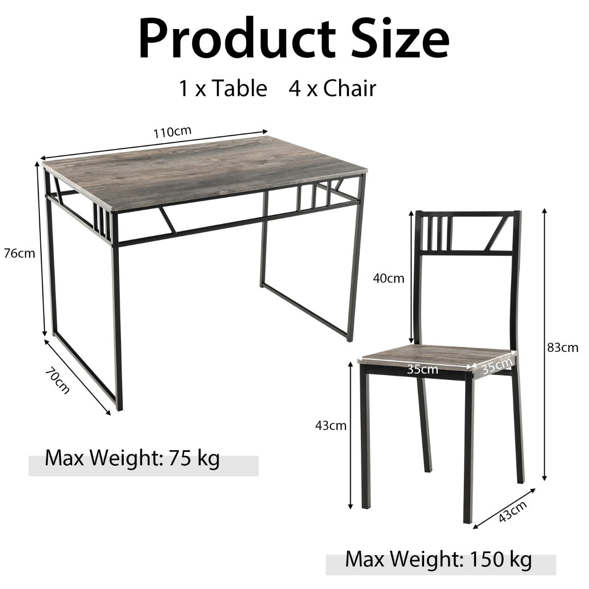 5 Piece Dining Table Set with Wood Like Tabletop and Metal Frame for Kitchen/Dining Room