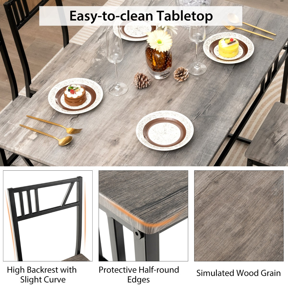 5 Piece Dining Table Set with Wood Like Tabletop and Metal Frame for Kitchen/Dining Room