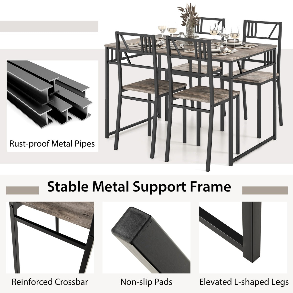 5 Piece Dining Table Set with Wood Like Tabletop and Metal Frame for Kitchen/Dining Room