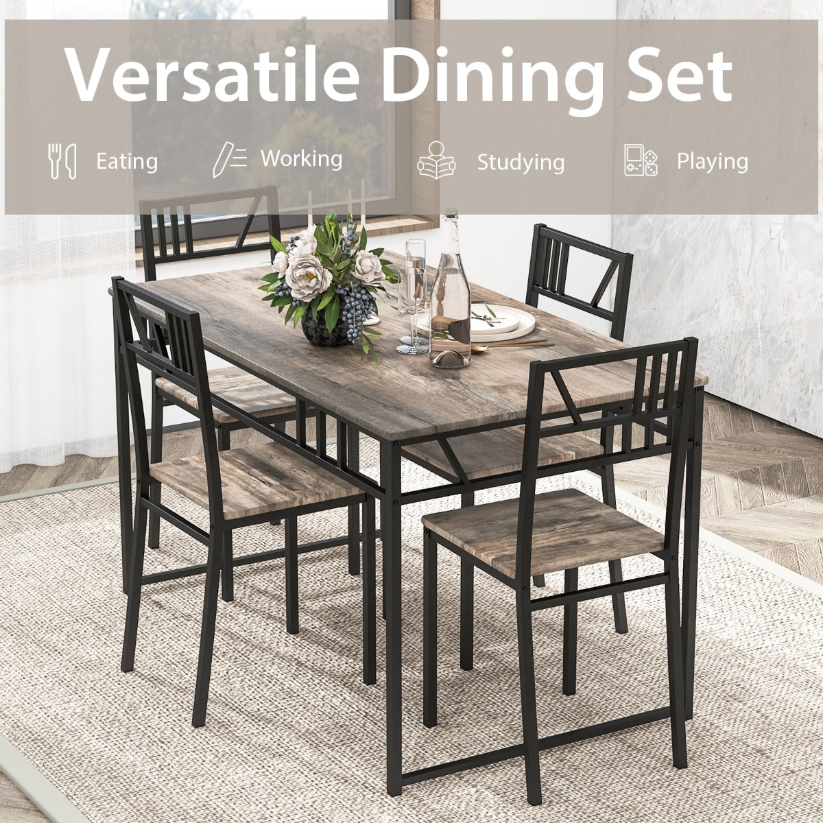 5 Piece Dining Table Set with Wood Like Tabletop and Metal Frame for Kitchen/Dining Room
