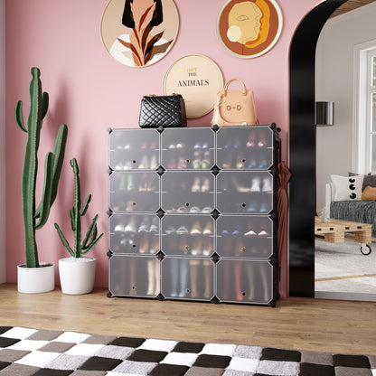 12-Cube Shoe Storage Cabinet with Removable Shelf for Hallway-Black