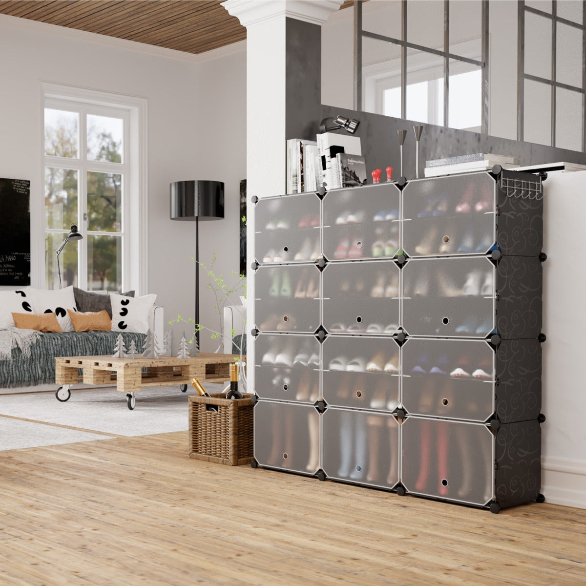 12-Cube Shoe Storage Cabinet with Removable Shelf for Hallway-Black