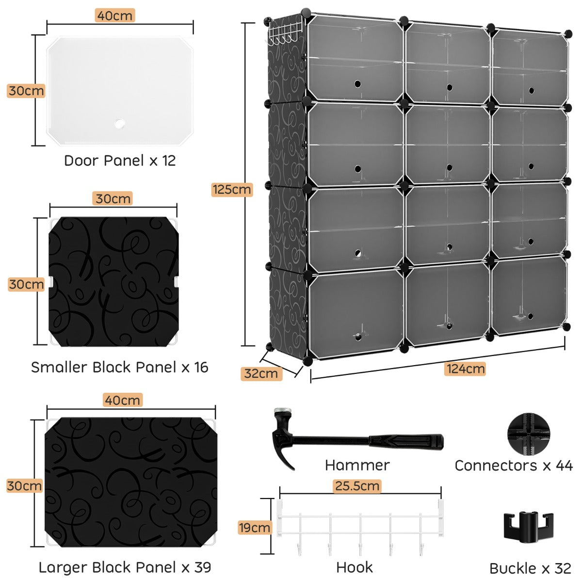 12-Cube Shoe Storage Cabinet with Removable Shelf for Hallway-Black
