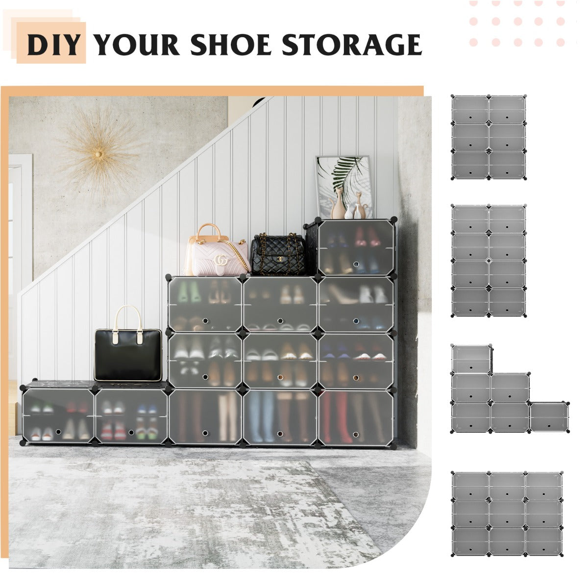 12-Cube Shoe Storage Cabinet with Removable Shelf for Hallway-Black