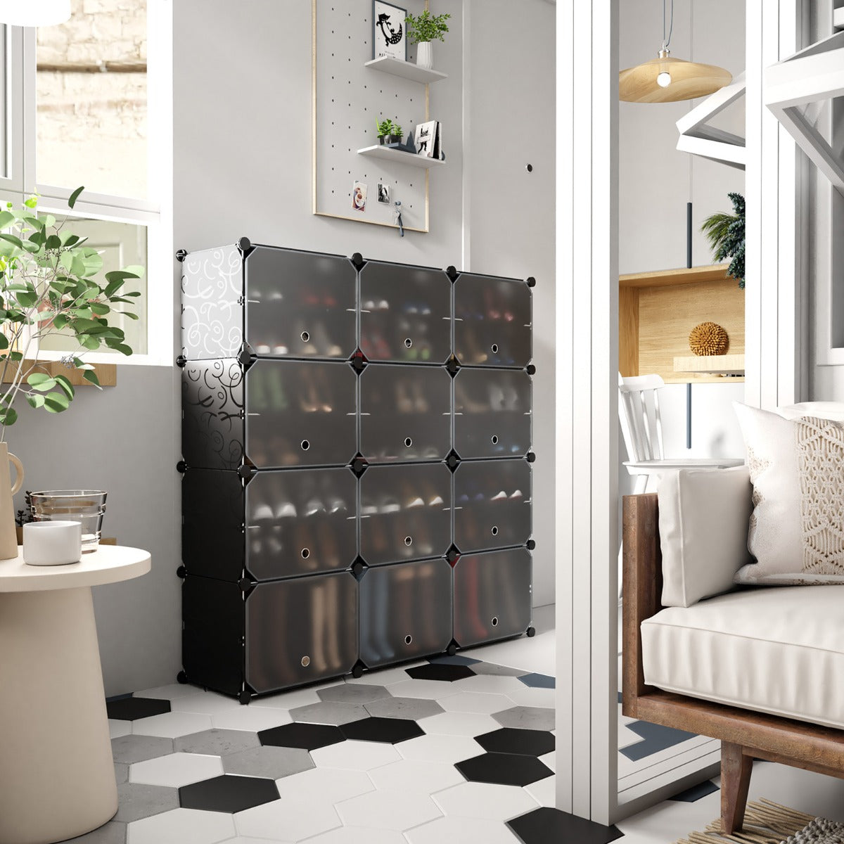 12-Cube Shoe Storage Cabinet with Removable Shelf for Hallway-Black