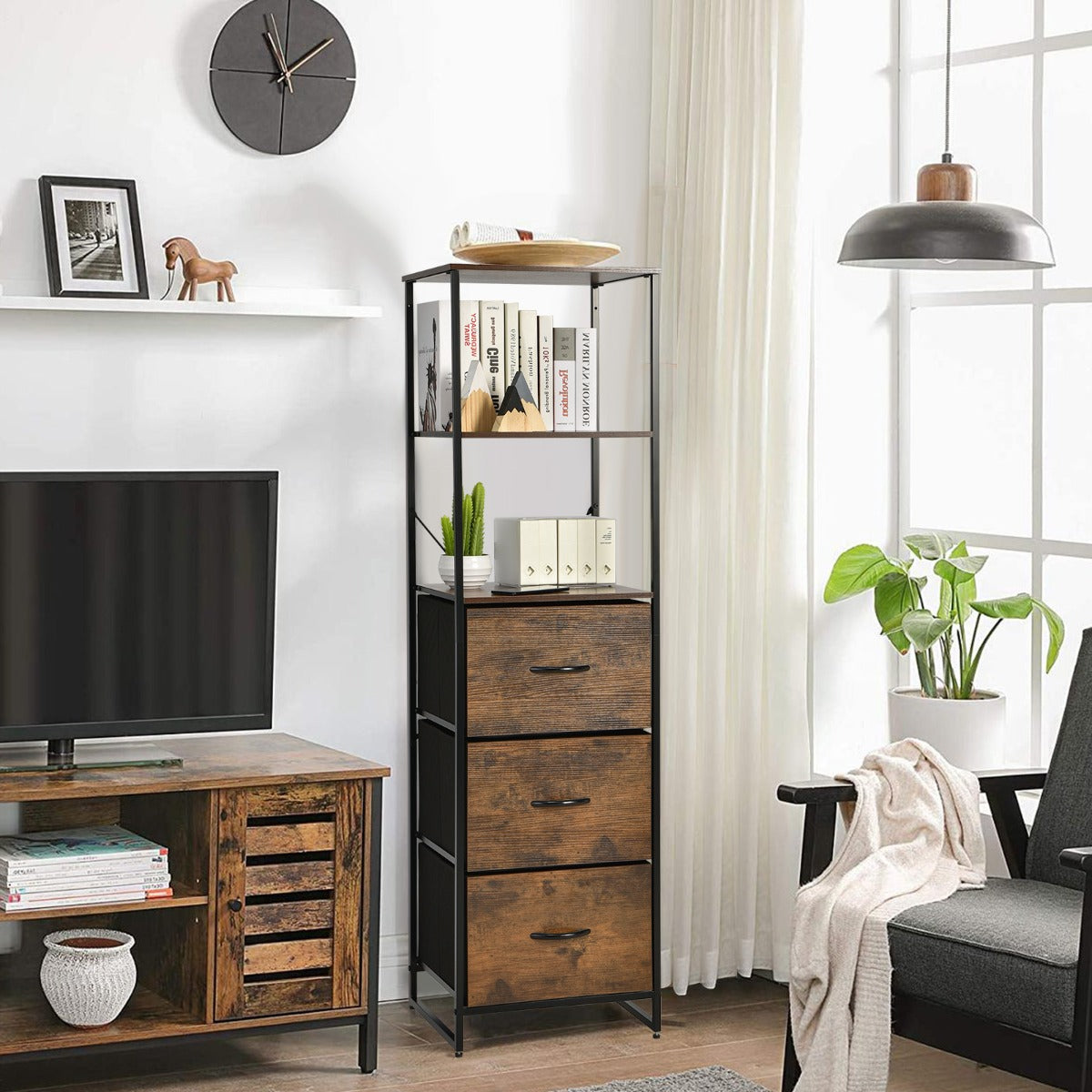 Costway 3-Drawer Bookshelf with Anti-toppling Device for Living Room, Office