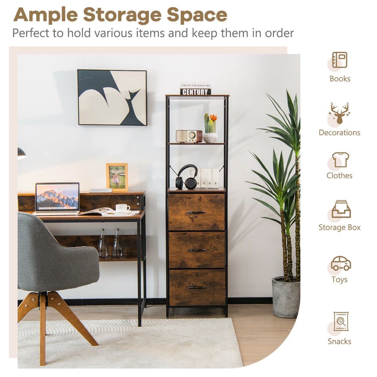 Costway 3-Drawer Bookshelf with Anti-toppling Device for Living Room, Office