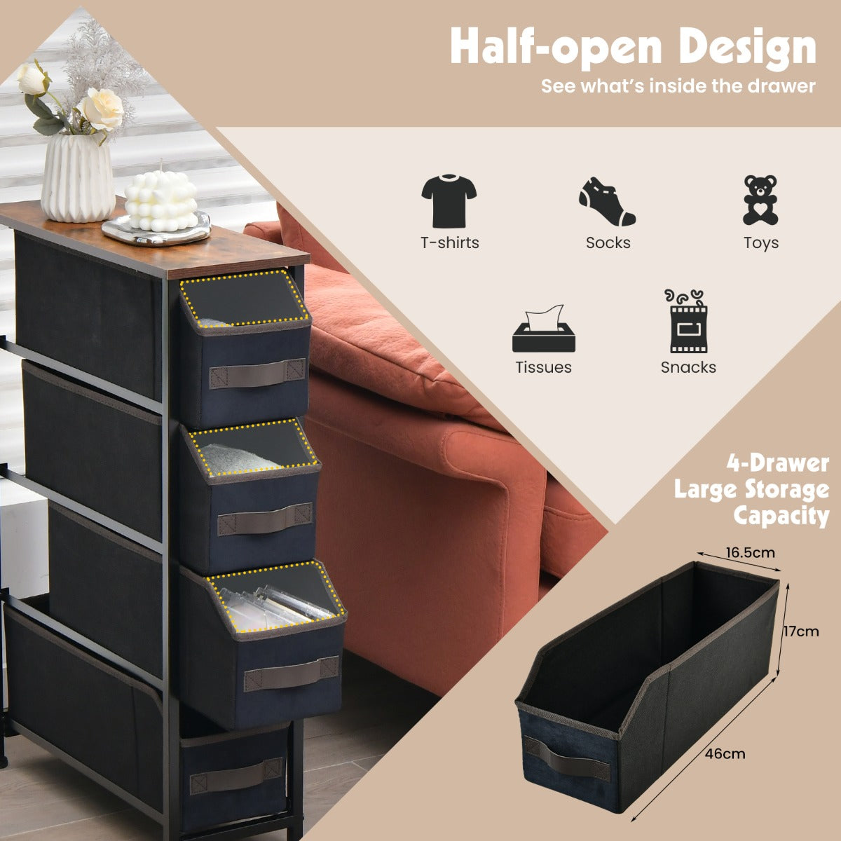 Vertical Narrow Dresser with 4 Removable Fabric Drawers-Brown