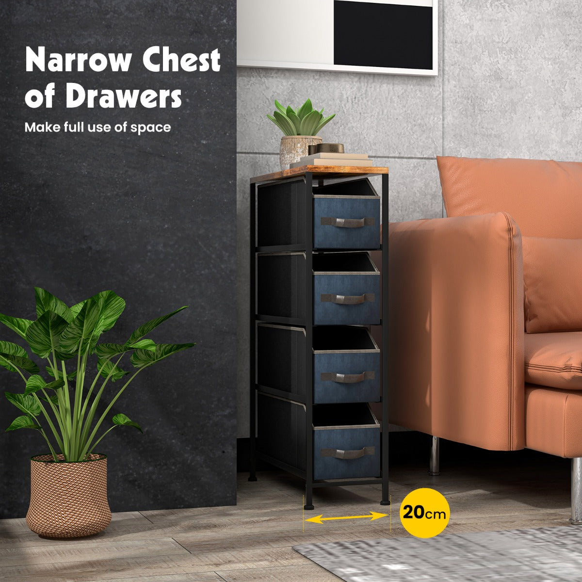 Vertical Narrow Dresser with 4 Removable Fabric Drawers-Brown