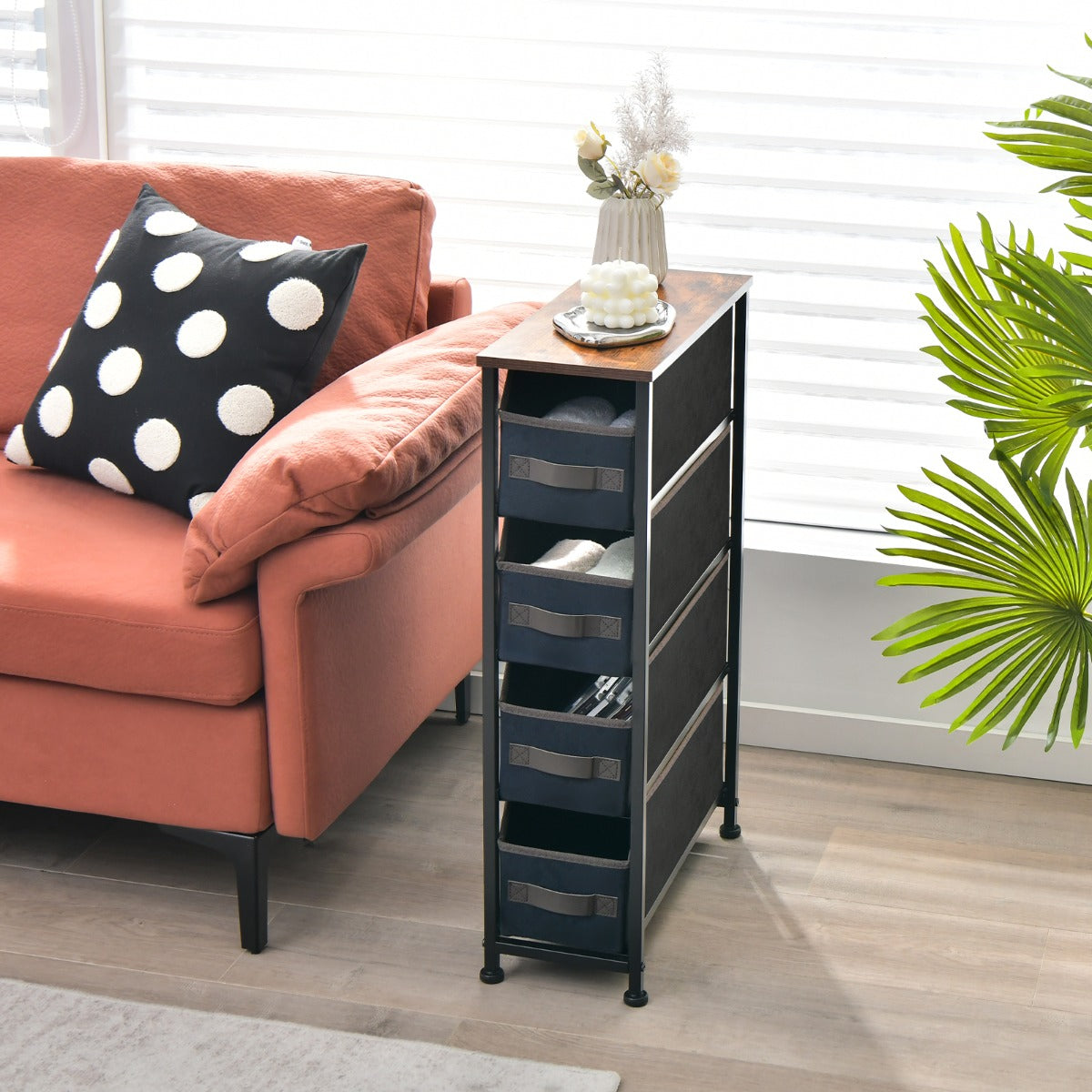 Vertical Narrow Dresser with 4 Removable Fabric Drawers-Brown