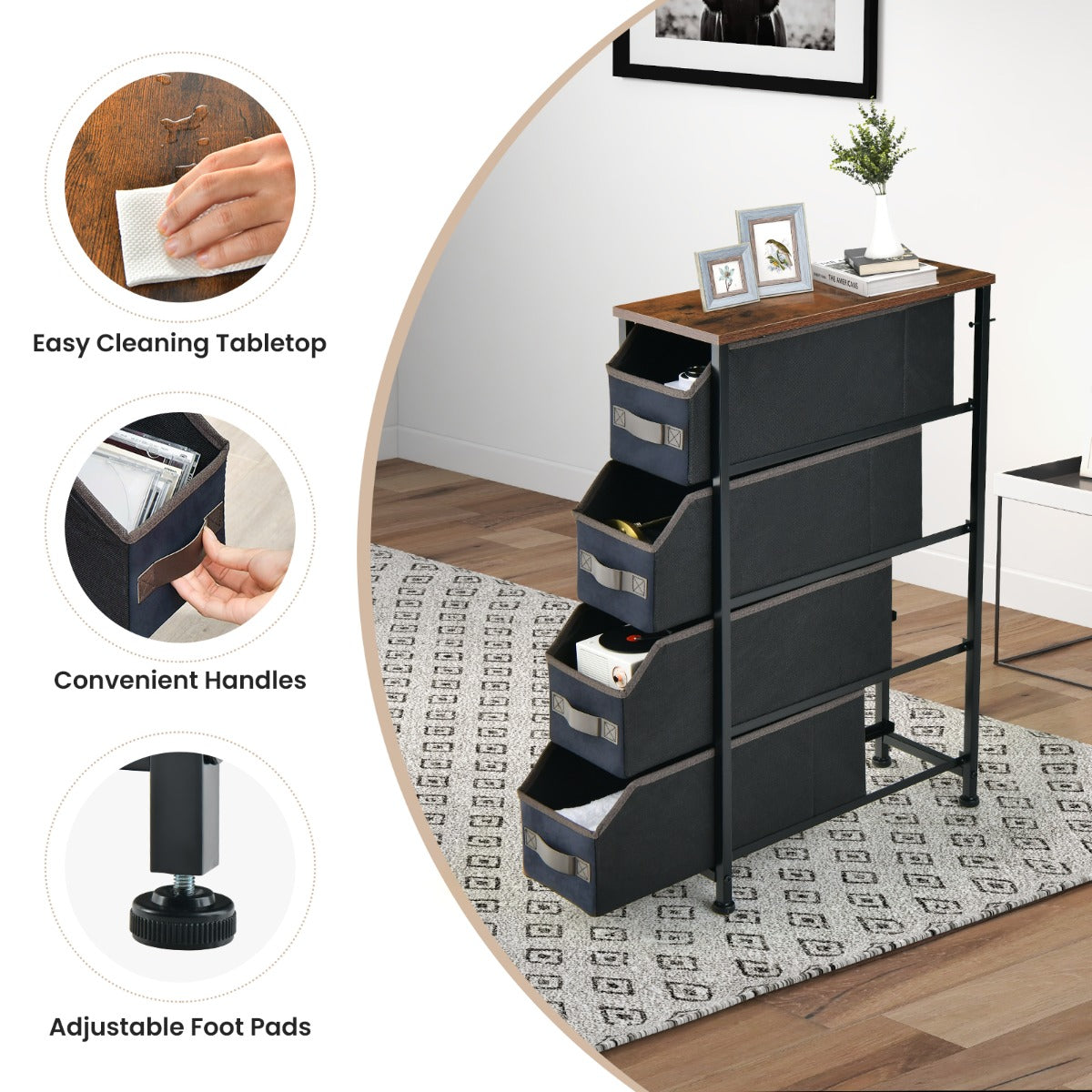 Vertical Narrow Dresser with 4 Removable Fabric Drawers-Brown