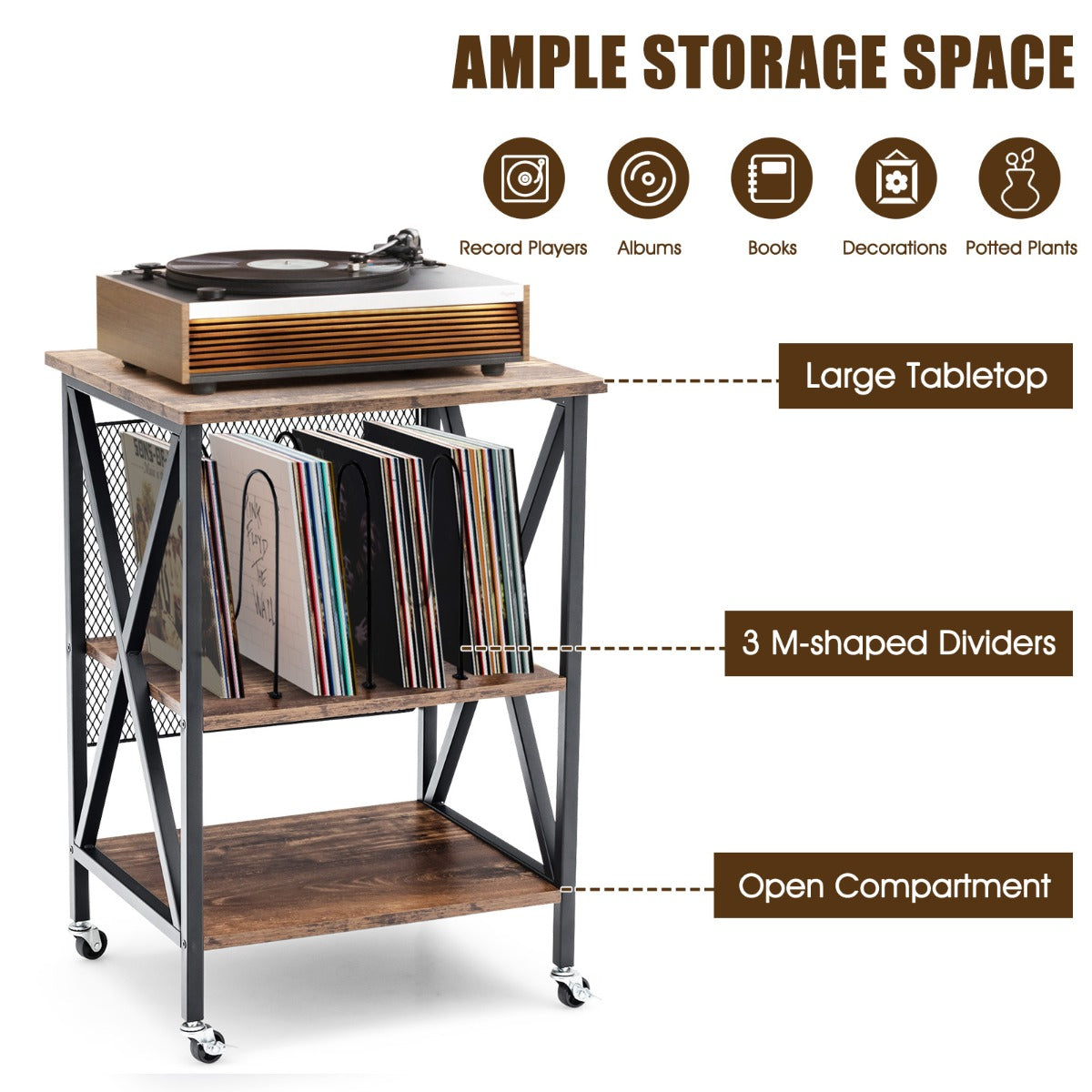 Engineered wood shelves and heavy-duty steel frame offer durable, reliable support for records