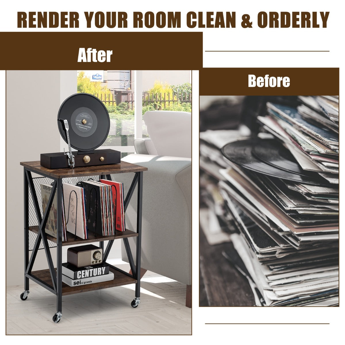 Compact record storage unit saves space while adding practical organization to living rooms and bedrooms