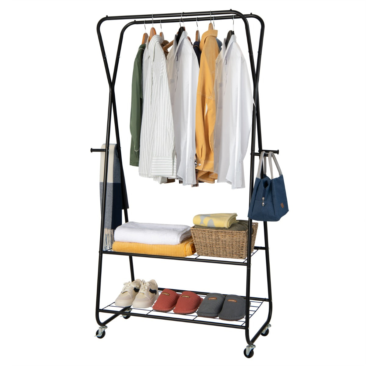 Rolling Garment Rack on Wheels with Double Hanging Rods for Bedroom/Balcony/Dorm
