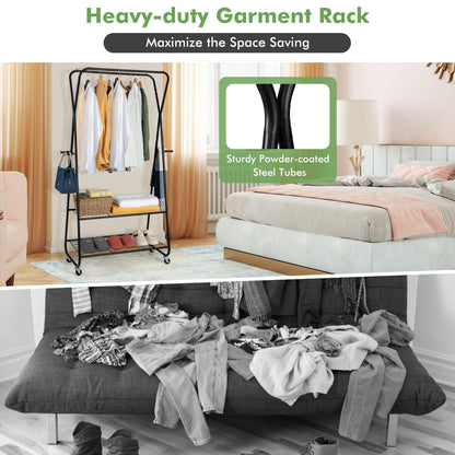 Rolling Garment Rack on Wheels with Double Hanging Rods for Bedroom/Balcony/Dorm