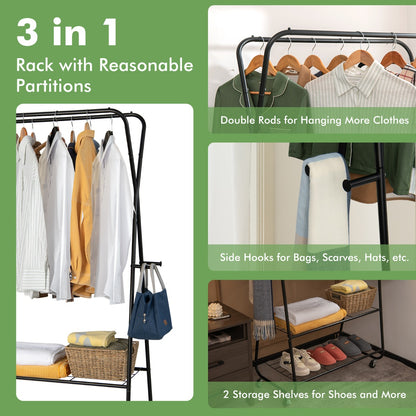 Rolling Garment Rack on Wheels with Double Hanging Rods for Bedroom/Balcony/Dorm