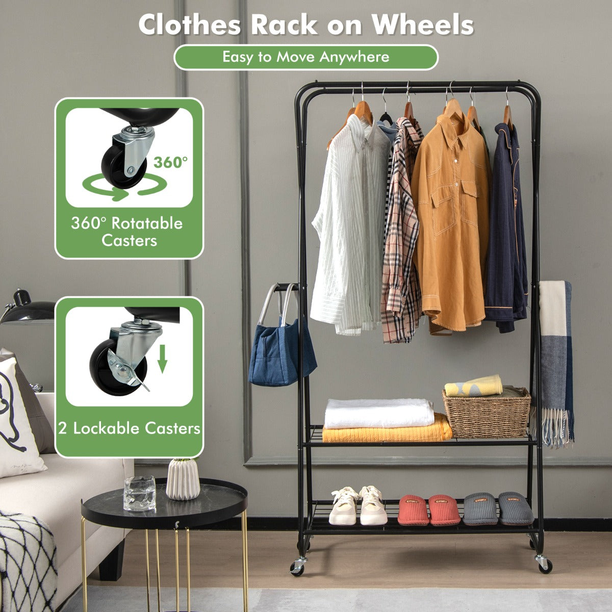 Rolling Garment Rack on Wheels with Double Hanging Rods for Bedroom/Balcony/Dorm