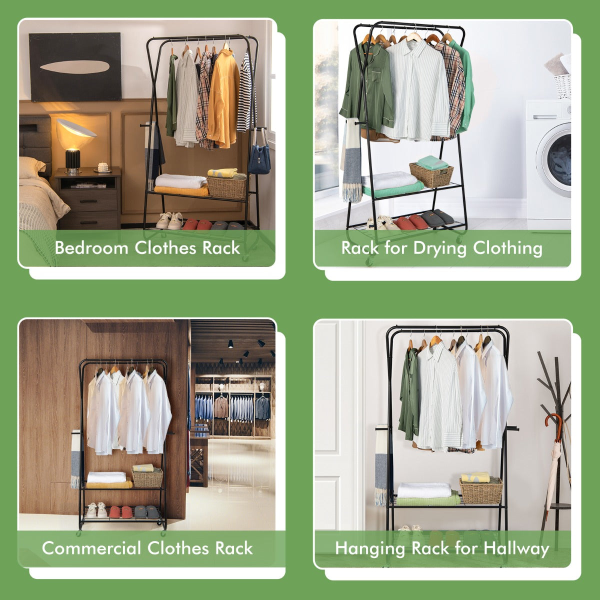 Rolling Garment Rack on Wheels with Double Hanging Rods for Bedroom/Balcony/Dorm