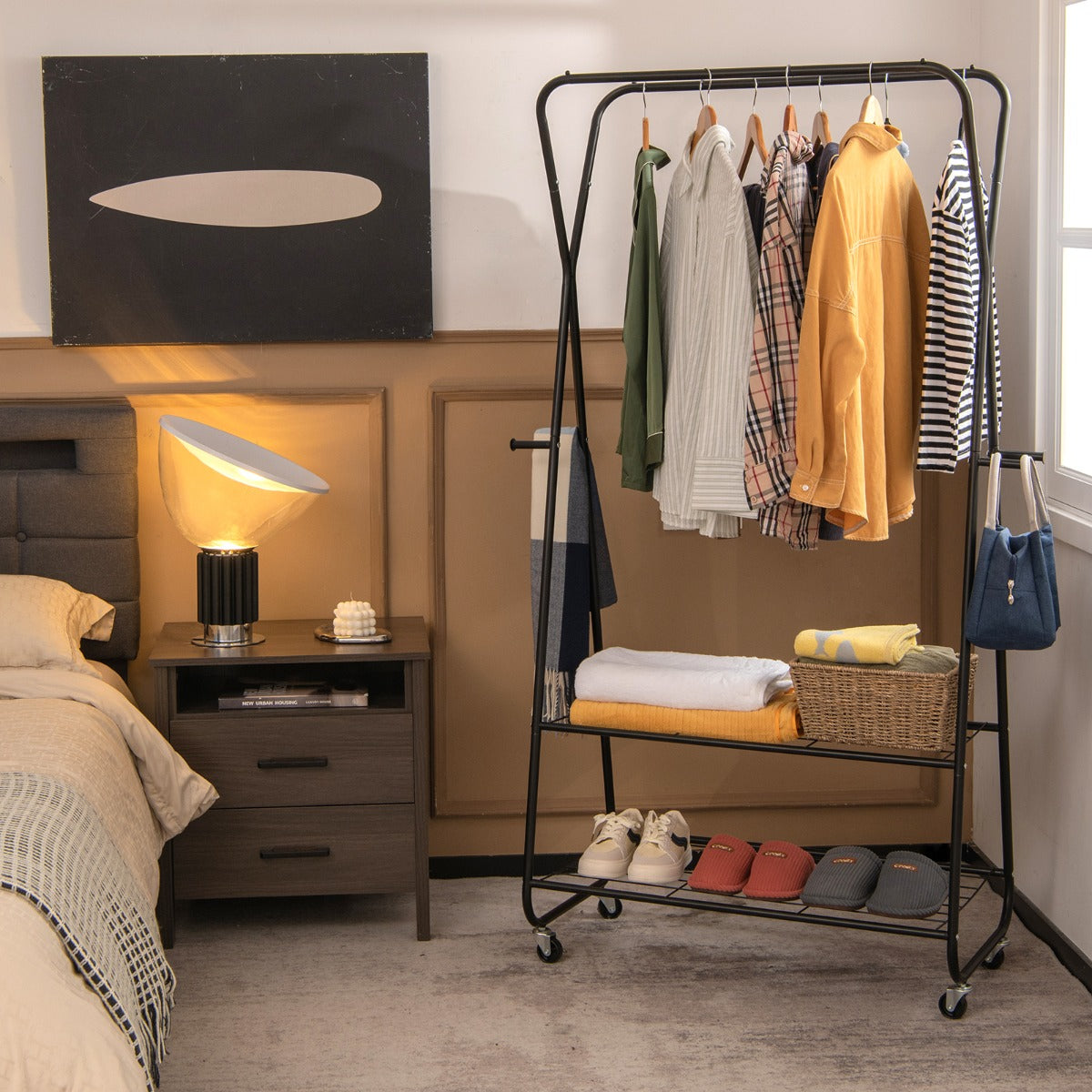 Rolling Garment Rack on Wheels with Double Hanging Rods for Bedroom/Balcony/Dorm