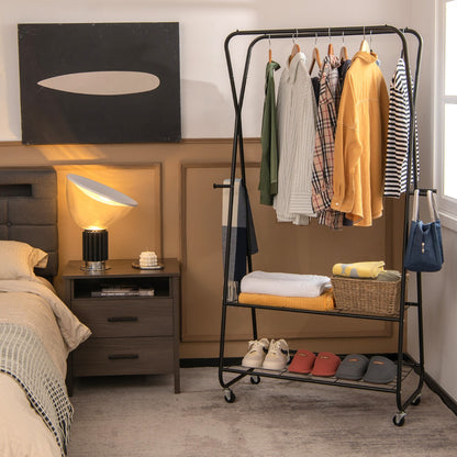 Rolling Garment Rack on Wheels with Double Hanging Rods for Bedroom/Balcony/Dorm