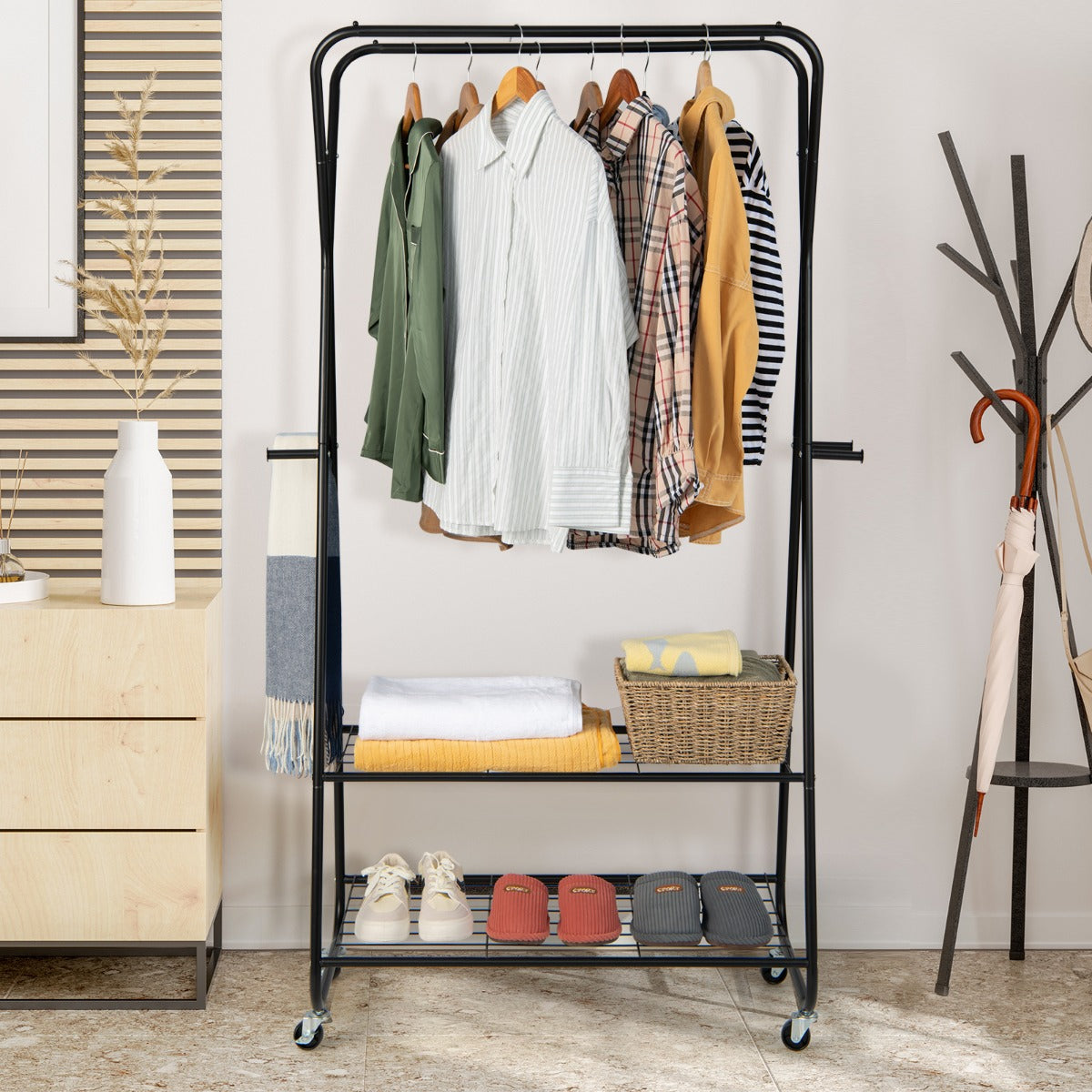 Rolling Garment Rack on Wheels with Double Hanging Rods for Bedroom/Balcony/Dorm
