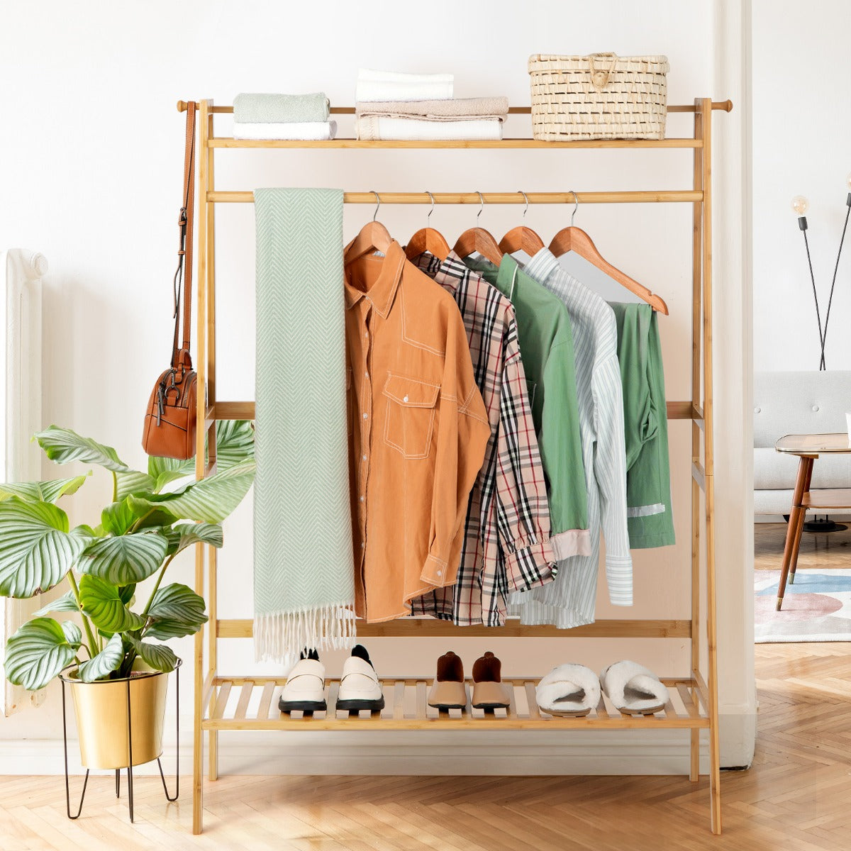 Costway Freestanding Bamboo Clothing Rack with Top Shelf & Shoe Rack