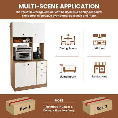 Freestanding Kitchen Pantry Cabinet with Wide Countertop and Adjustable Shelves-White