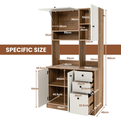 Freestanding Kitchen Pantry Cabinet with Wide Countertop and Adjustable Shelves-White