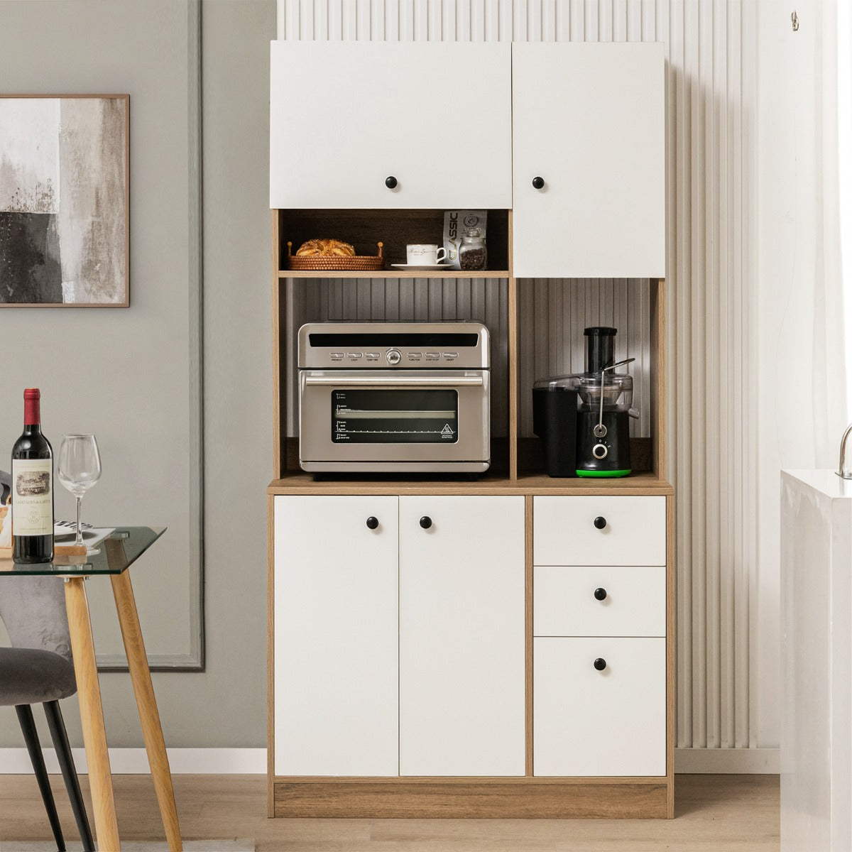 Freestanding Kitchen Pantry Cabinet with Wide Countertop and Adjustable Shelves-White