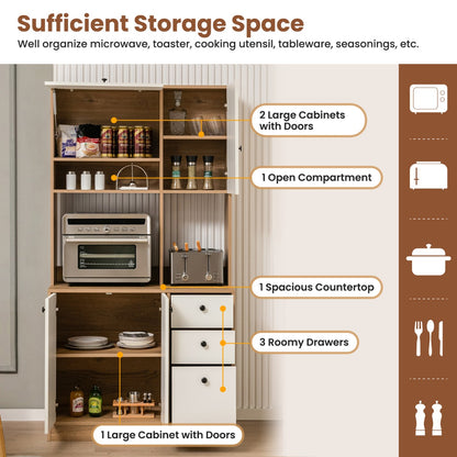 Freestanding Kitchen Pantry Cabinet with Wide Countertop and Adjustable Shelves-White