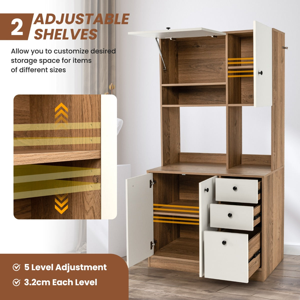 Freestanding Kitchen Pantry Cabinet with Wide Countertop and Adjustable Shelves-White