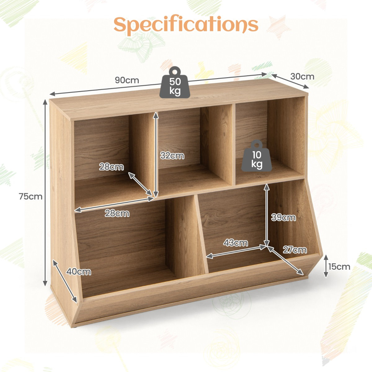 5-Cubby Kids Toy Storage Organizer with Footboard for Kids-Natural