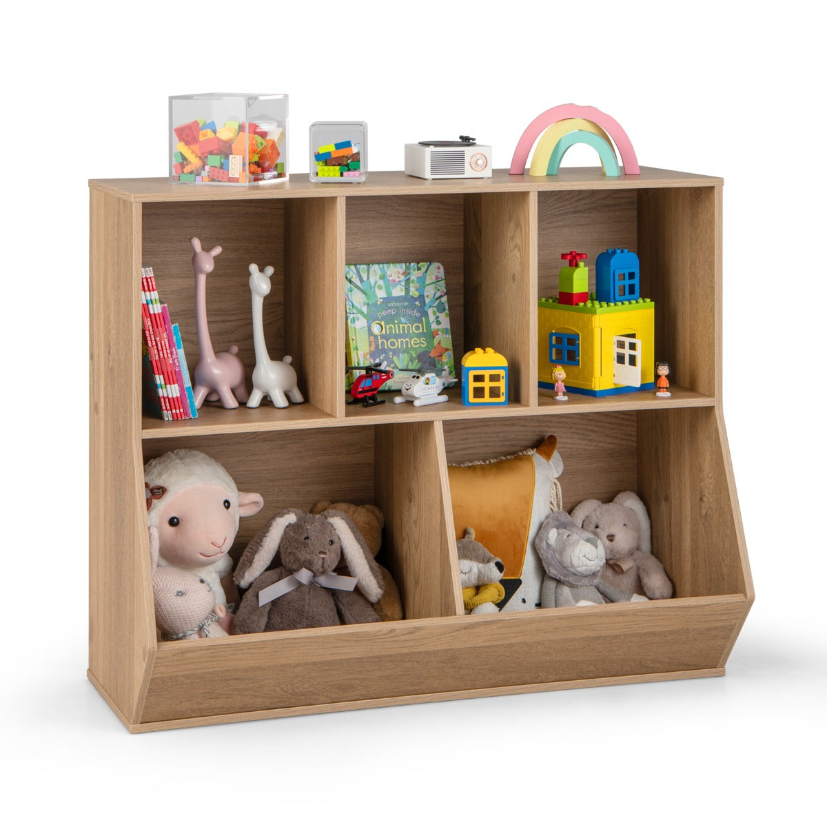 5-Cubby Kids Toy Storage Organizer with Footboard for Kids-Natural
