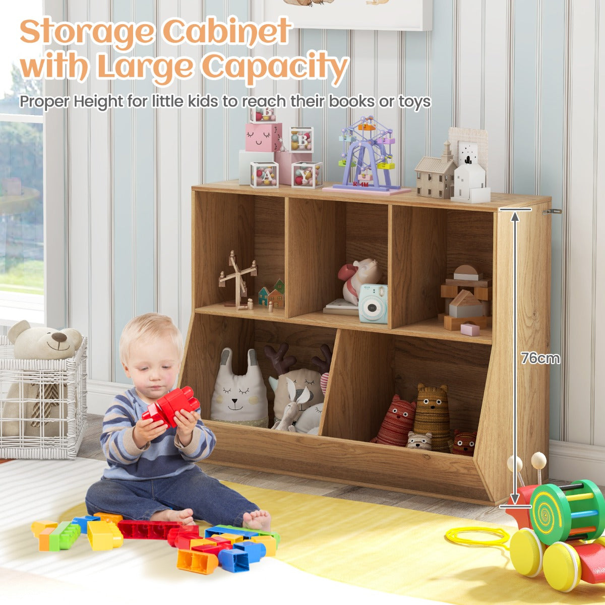 5-Cubby Kids Toy Storage Organizer with Footboard for Kids-Natural