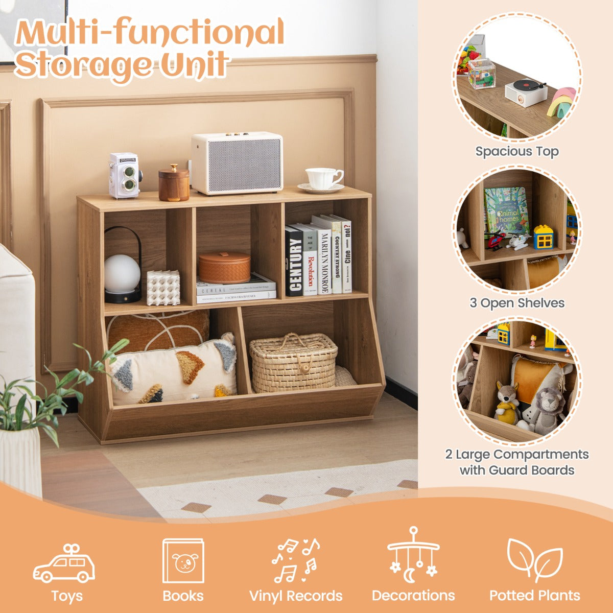 5-Cubby Kids Toy Storage Organizer with Footboard for Kids-Natural